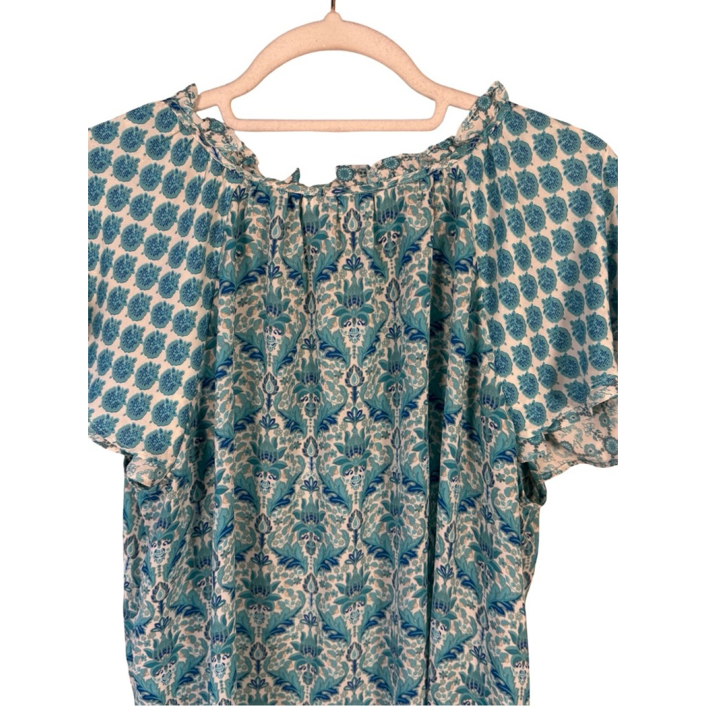 Rose & Olive Blue Floral Blouse Size L Boho Cottagecore Flowy Summer Spring - Picture 11 of 12